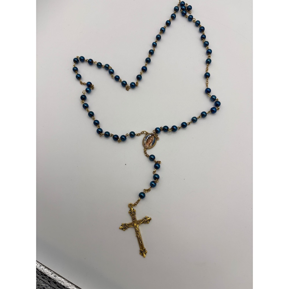 Vintage Mary Star of the Sea Rosary Metallic Blue Beads Goldtone Ornate Crucifix
